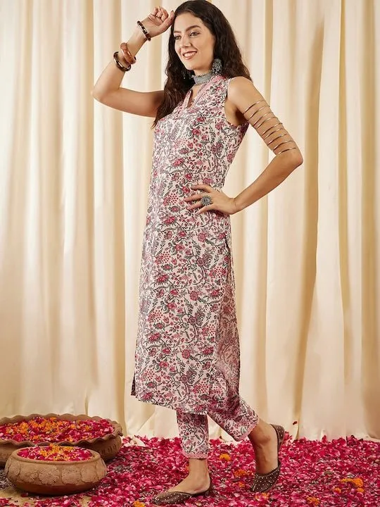 Cream Floral Printed Regular Kurta With Trousers