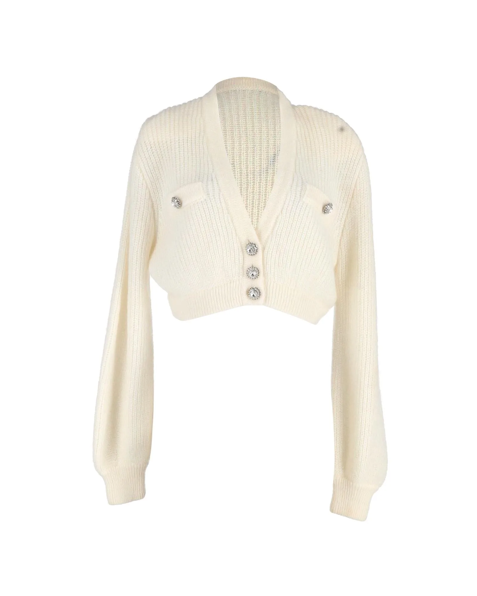 Crystal-Button Cropped Cardigan in Cream Wool