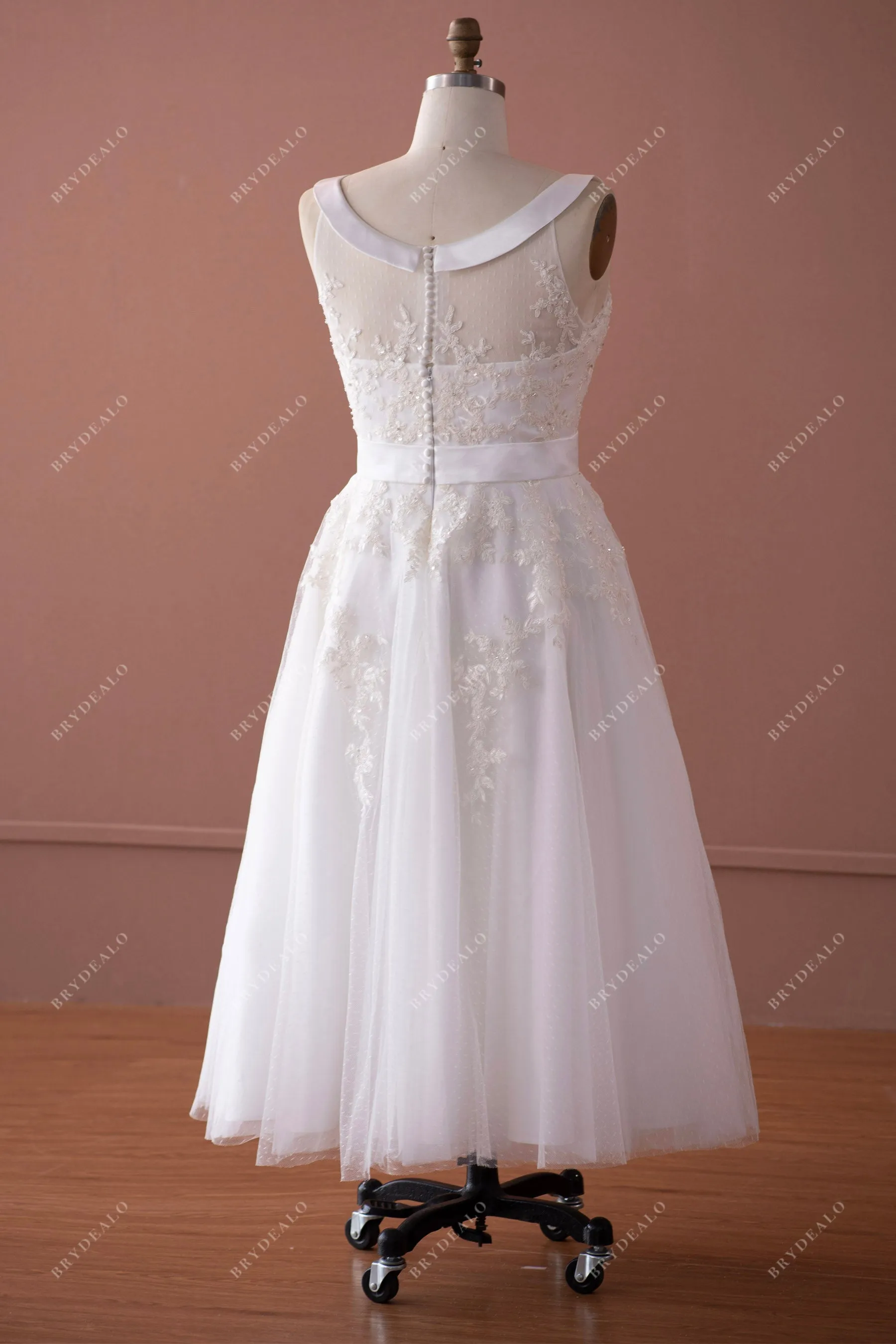 Cute Sequin Lace Tea Length Puffy Wedding Dress