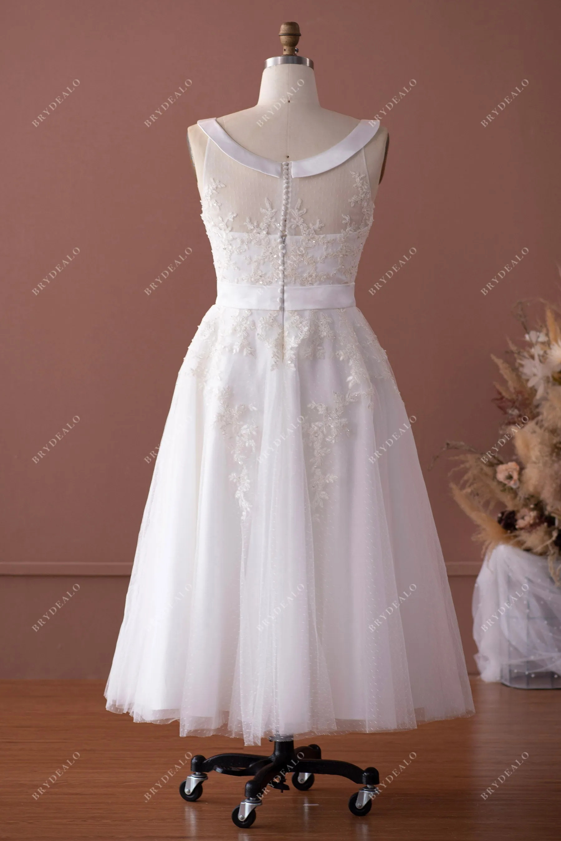 Cute Sequin Lace Tea Length Puffy Wedding Dress