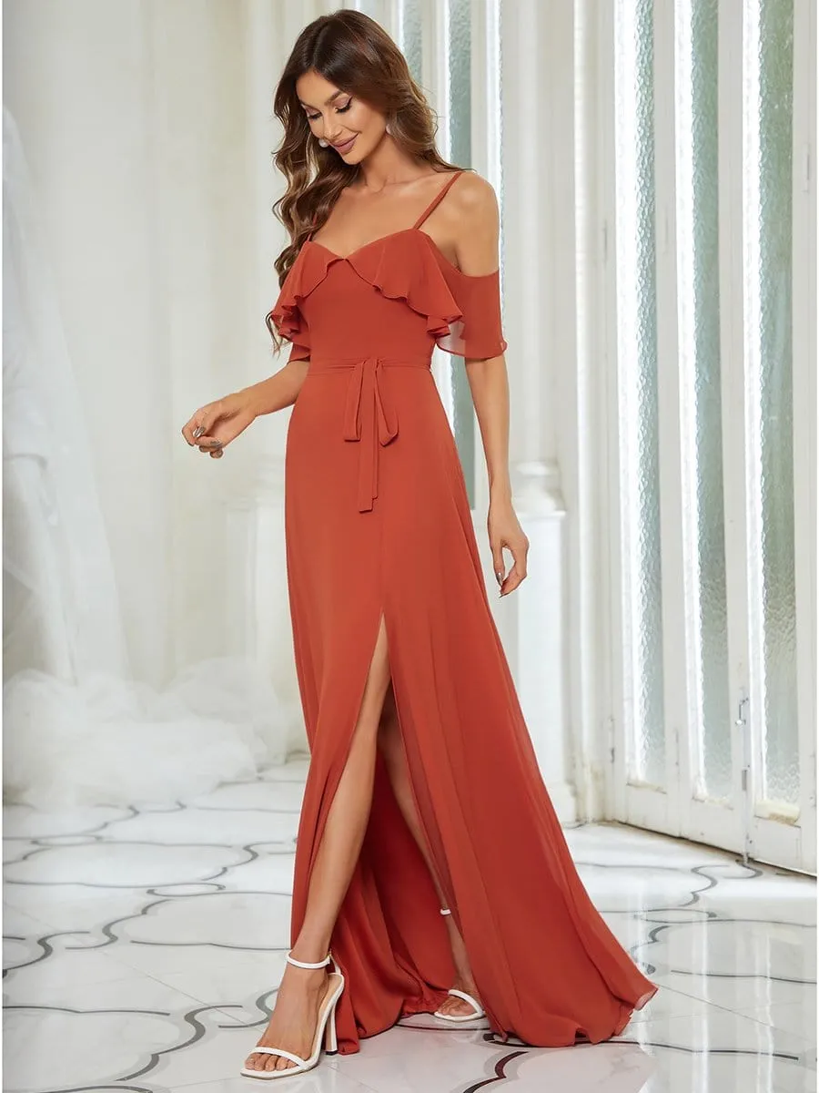 Dainty Chiffon Bridesmaid Dresses with Ruffles Sleeves with Side Slit