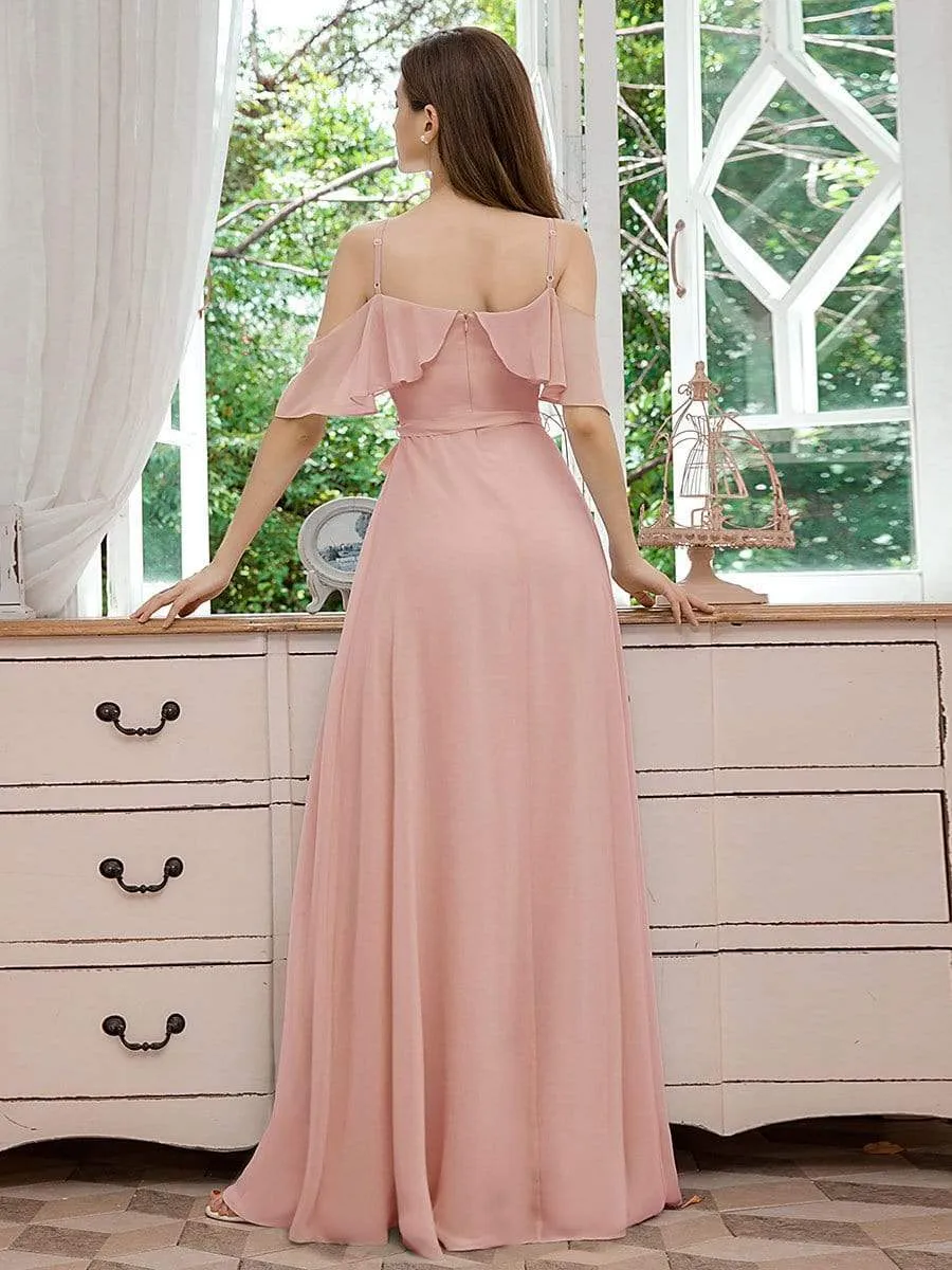 Dainty Chiffon Bridesmaid Dresses with Ruffles Sleeves with Side Slit