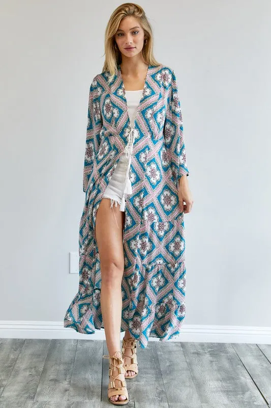 Davi & Dani Printed Long Sleeve Loose Kimono Duster