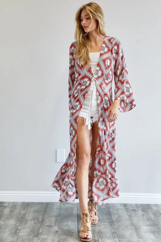 Davi & Dani Printed Long Sleeve Loose Kimono Duster