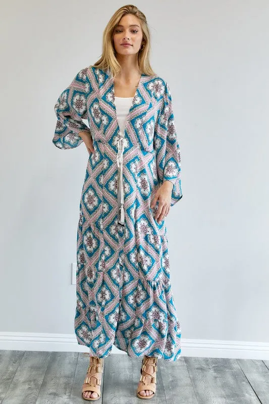 Davi & Dani Printed Long Sleeve Loose Kimono Duster