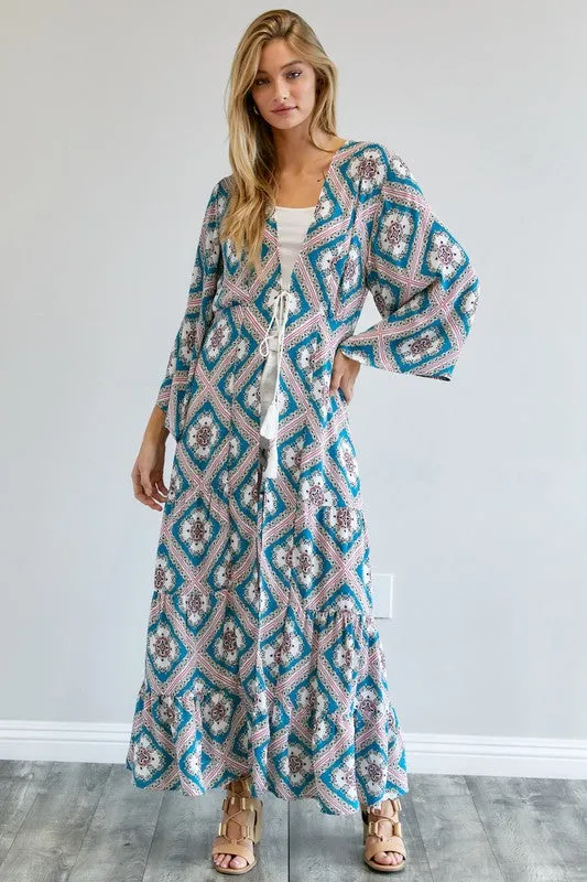 Davi & Dani Printed Long Sleeve Loose Kimono Duster