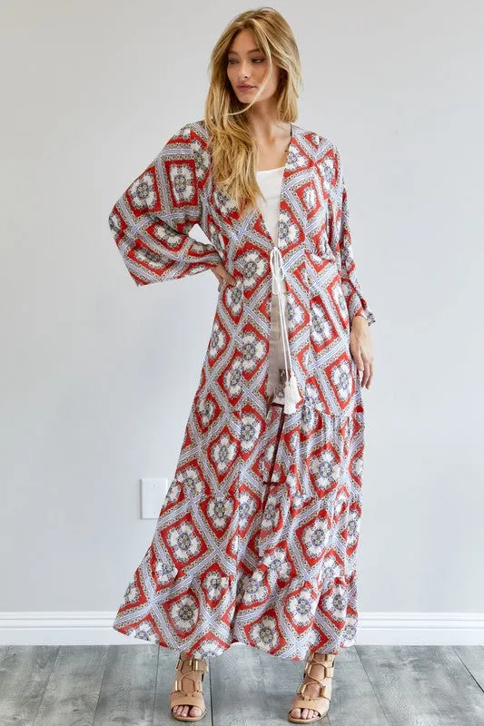 Davi & Dani Printed Long Sleeve Loose Kimono Duster