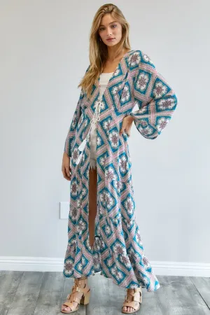 Davi & Dani Printed Long Sleeve Loose Kimono Duster