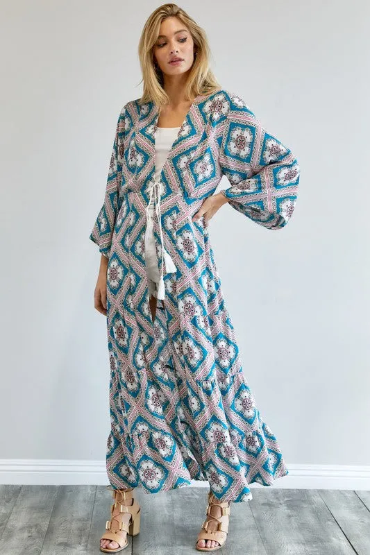 Davi & Dani Printed Long Sleeve Loose Kimono Duster