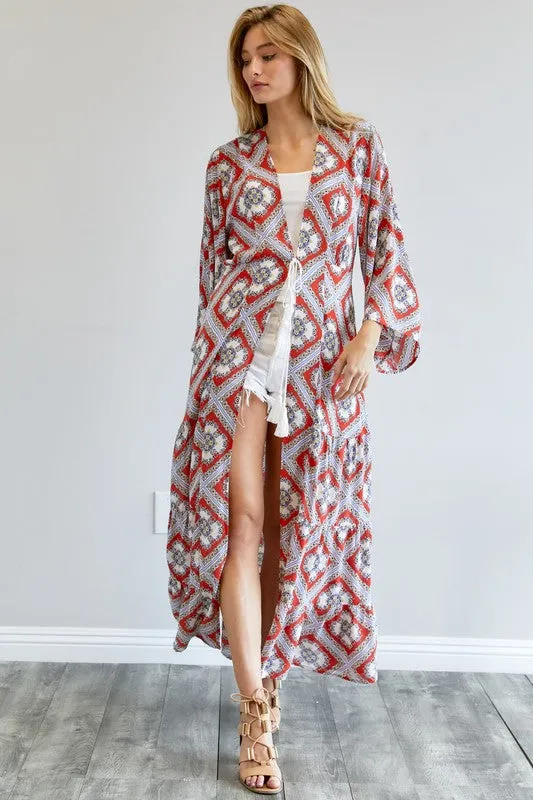 Davi & Dani Printed Long Sleeve Loose Kimono Duster