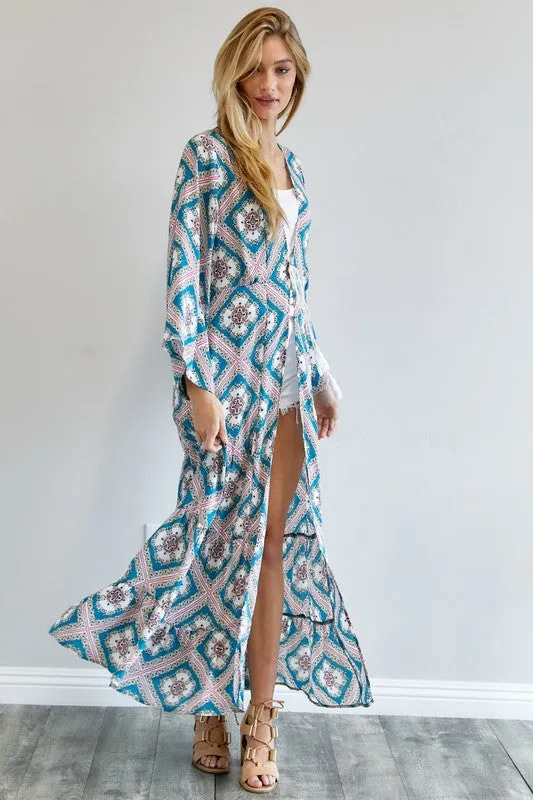 Davi & Dani Printed Long Sleeve Loose Kimono Duster