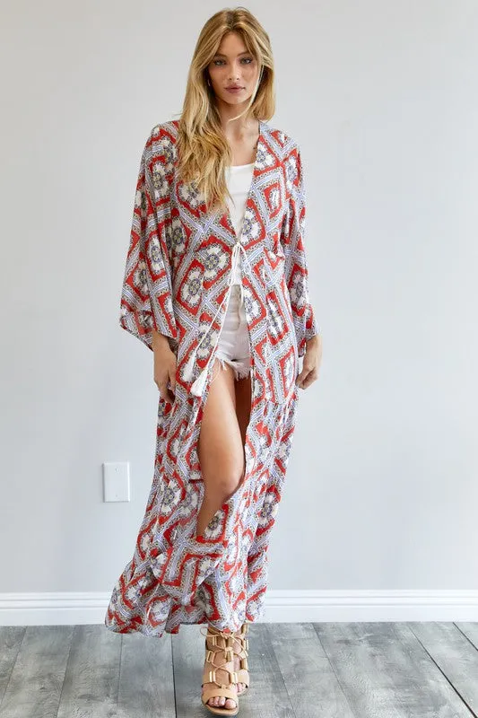 Davi & Dani Printed Long Sleeve Loose Kimono Duster