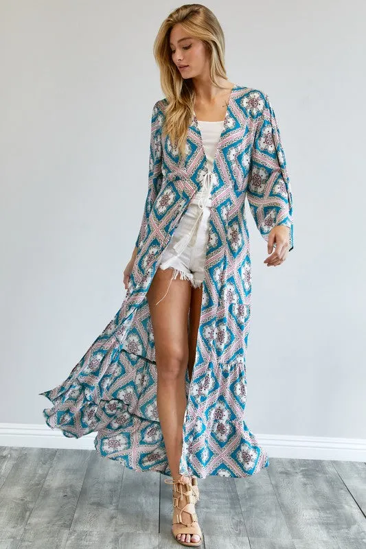 Davi & Dani Printed Long Sleeve Loose Kimono Duster