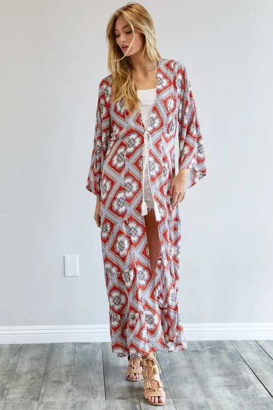 Davi & Dani Printed Long Sleeve Loose Kimono Duster