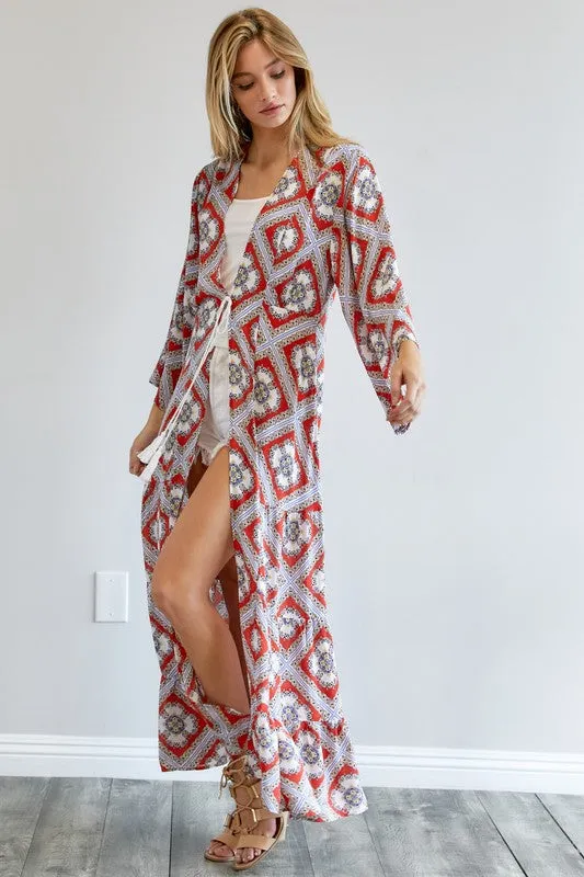 Davi & Dani Printed Long Sleeve Loose Kimono Duster