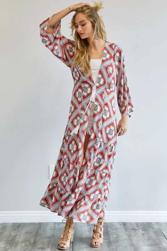 Davi & Dani Printed Long Sleeve Loose Kimono Duster