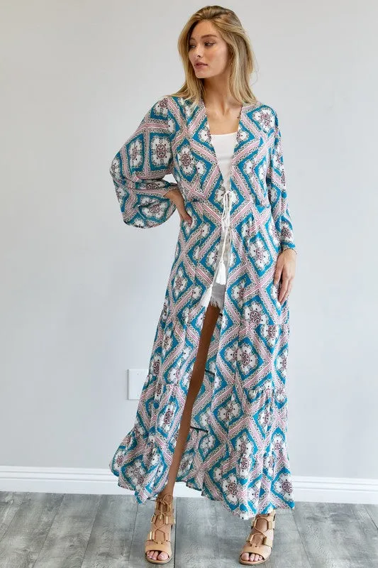 Davi & Dani Printed Long Sleeve Loose Kimono Duster