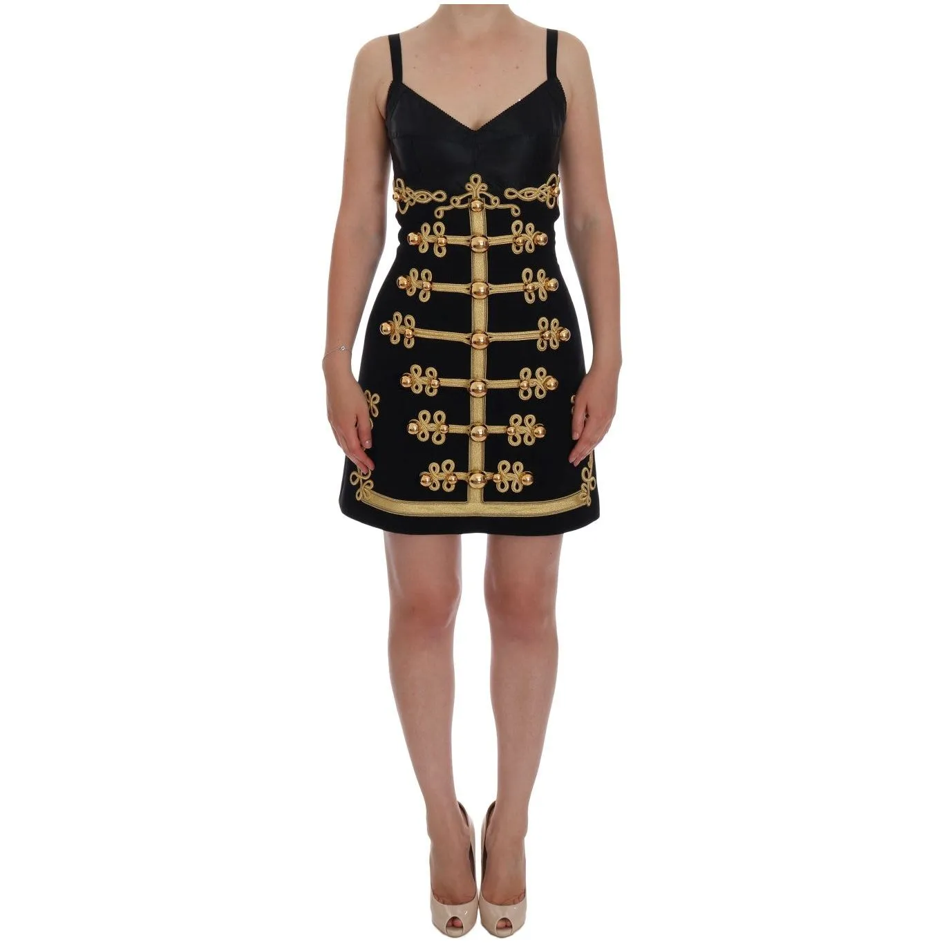 Dolce & Gabbana Elegant Black A-Line Sleeveless Dress with Gold Details