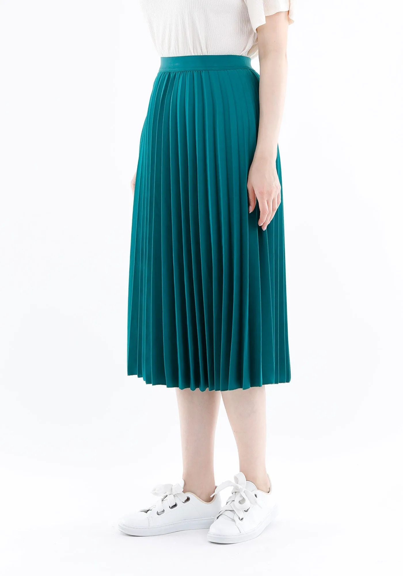 Elastic Waist Plisse Pleated Midi Skirt