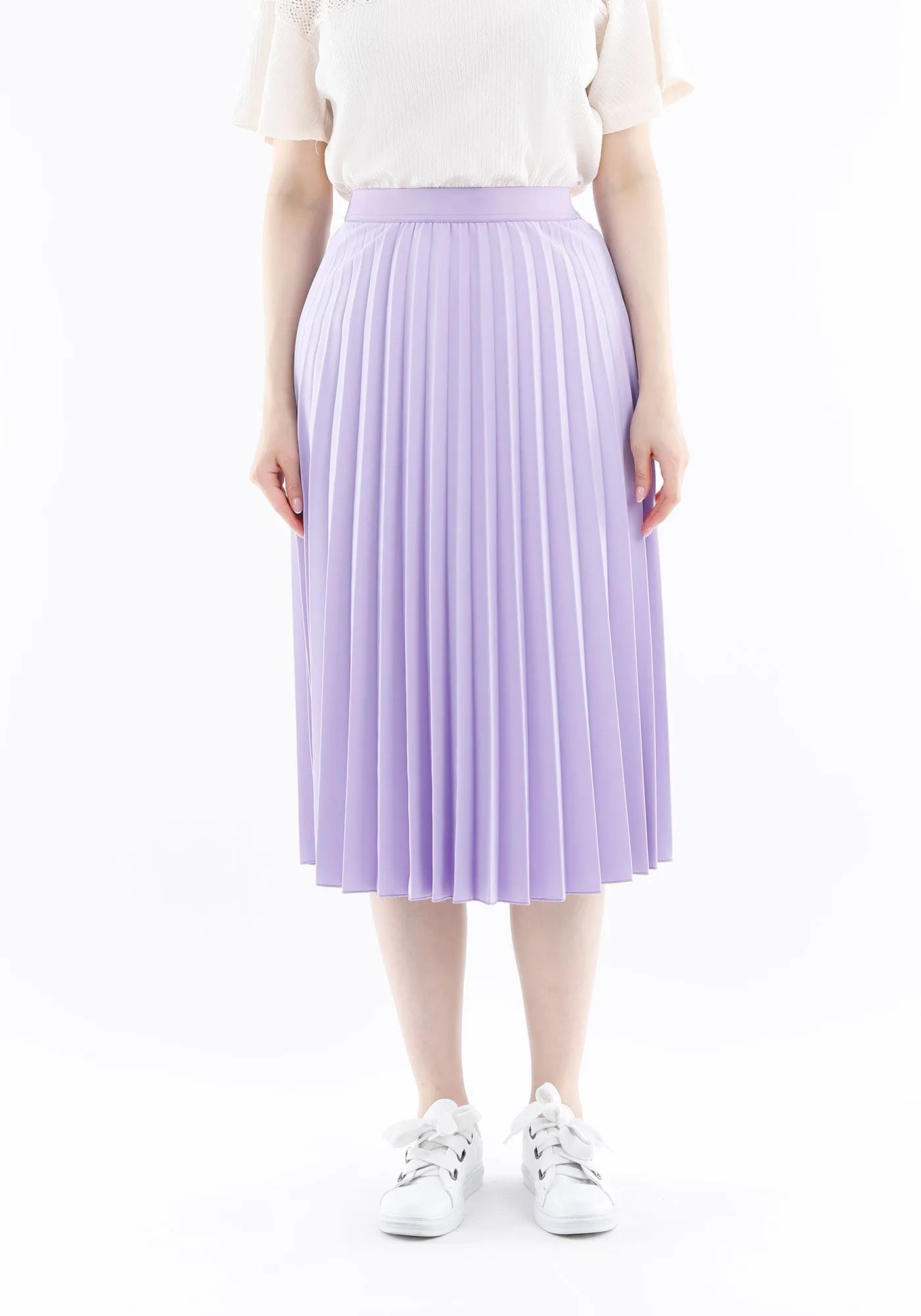 Elastic Waist Plisse Pleated Midi Skirt