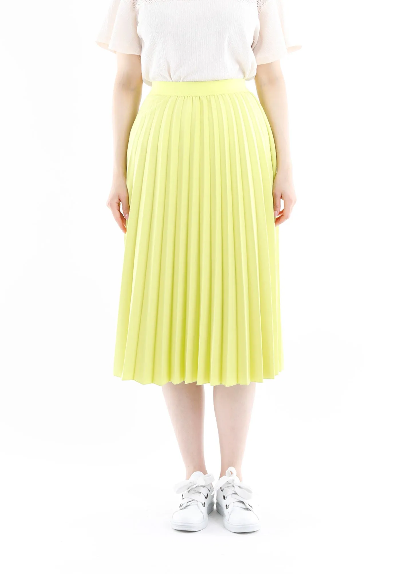 Elastic Waist Plisse Pleated Midi Skirt