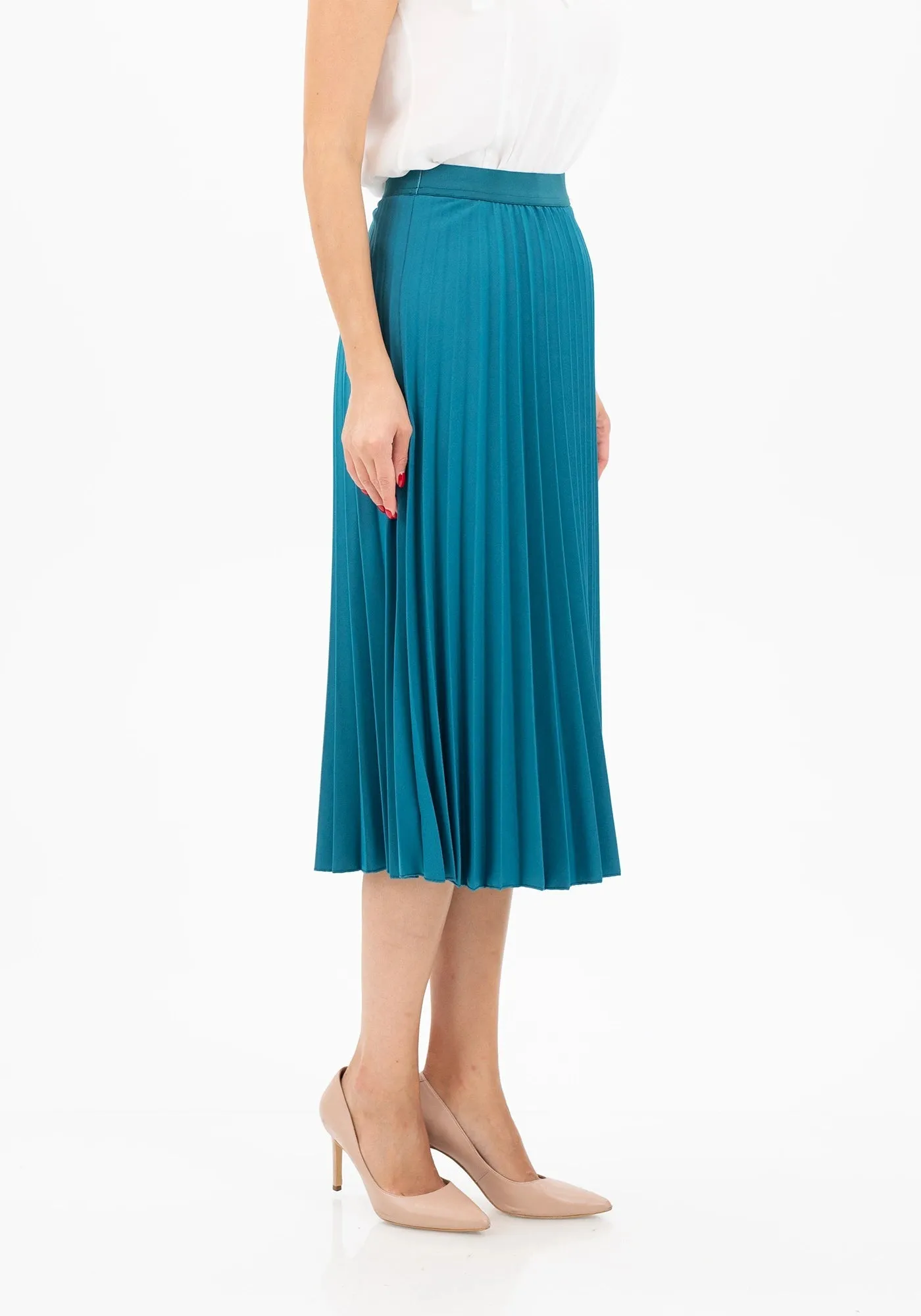 Elastic Waist Plisse Pleated Midi Skirt