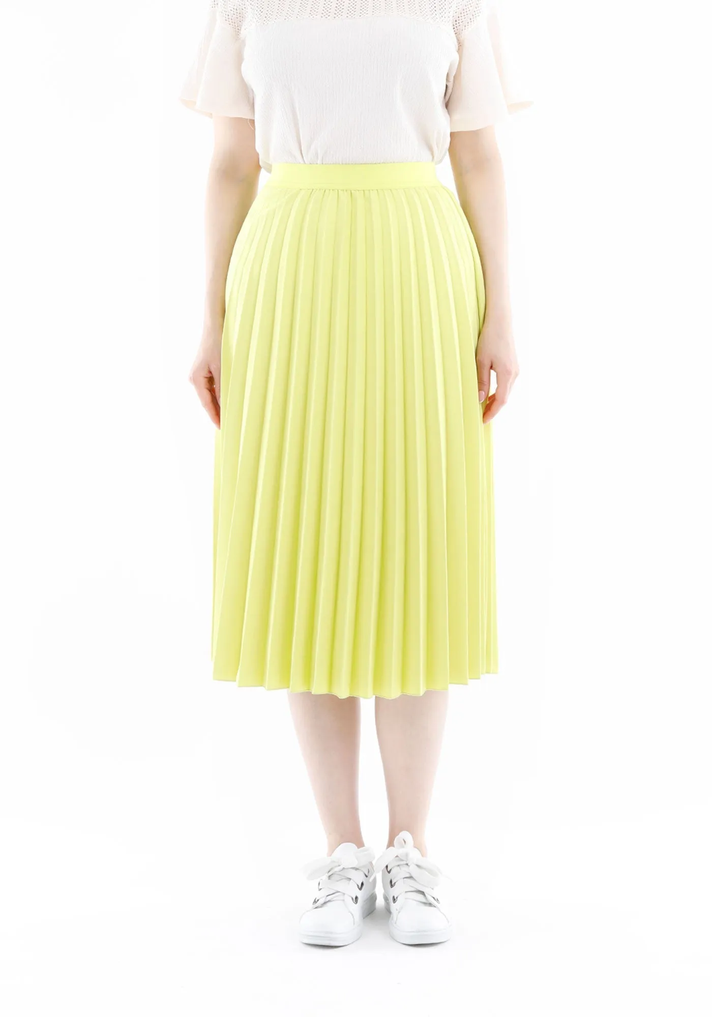 Elastic Waist Plisse Pleated Midi Skirt