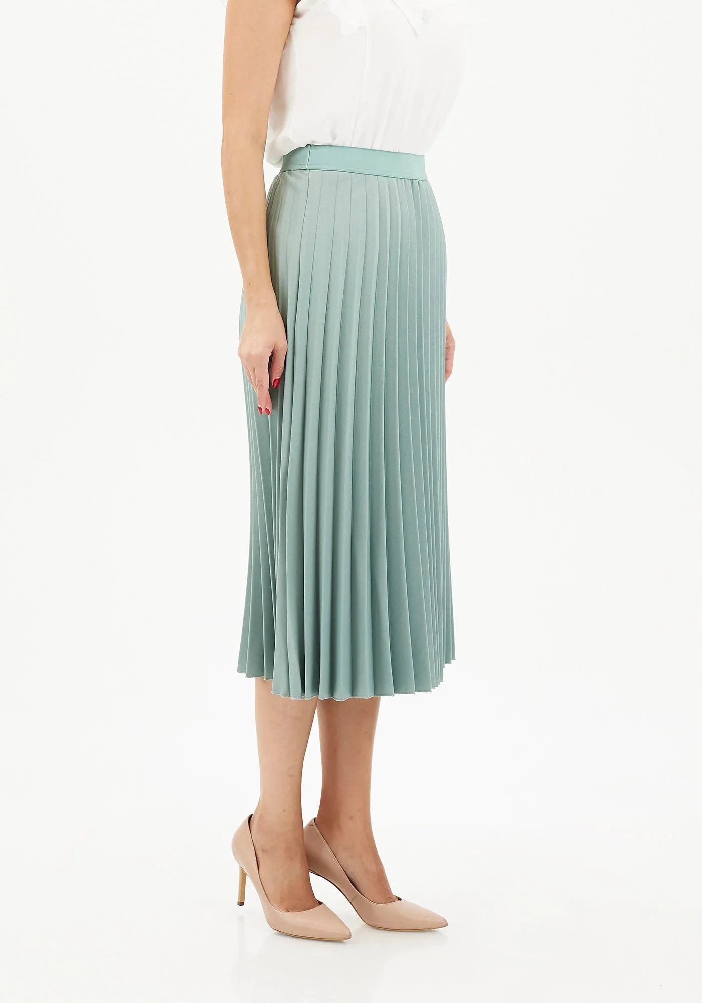 Elastic Waist Plisse Pleated Midi Skirt