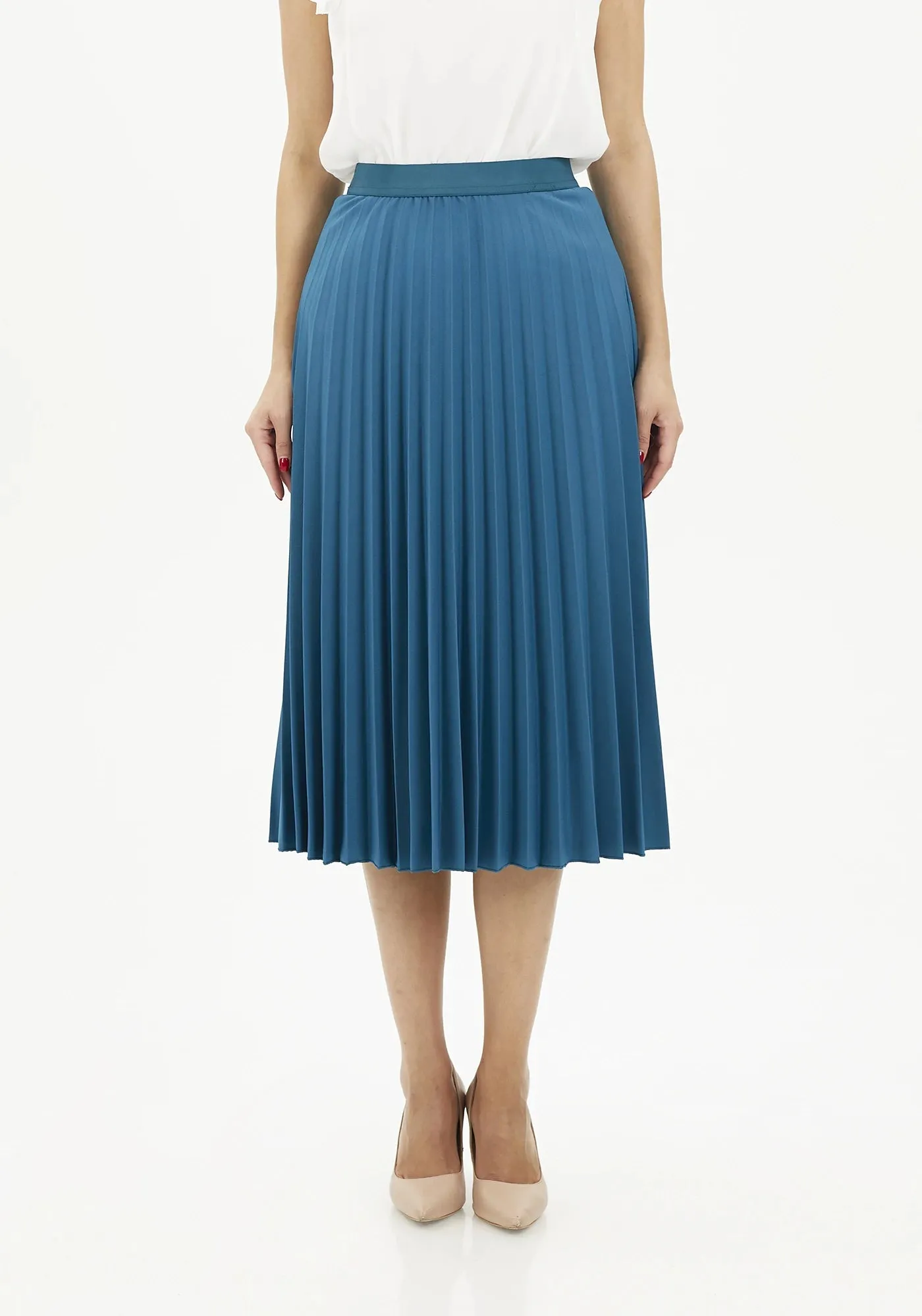 Elastic Waist Plisse Pleated Midi Skirt