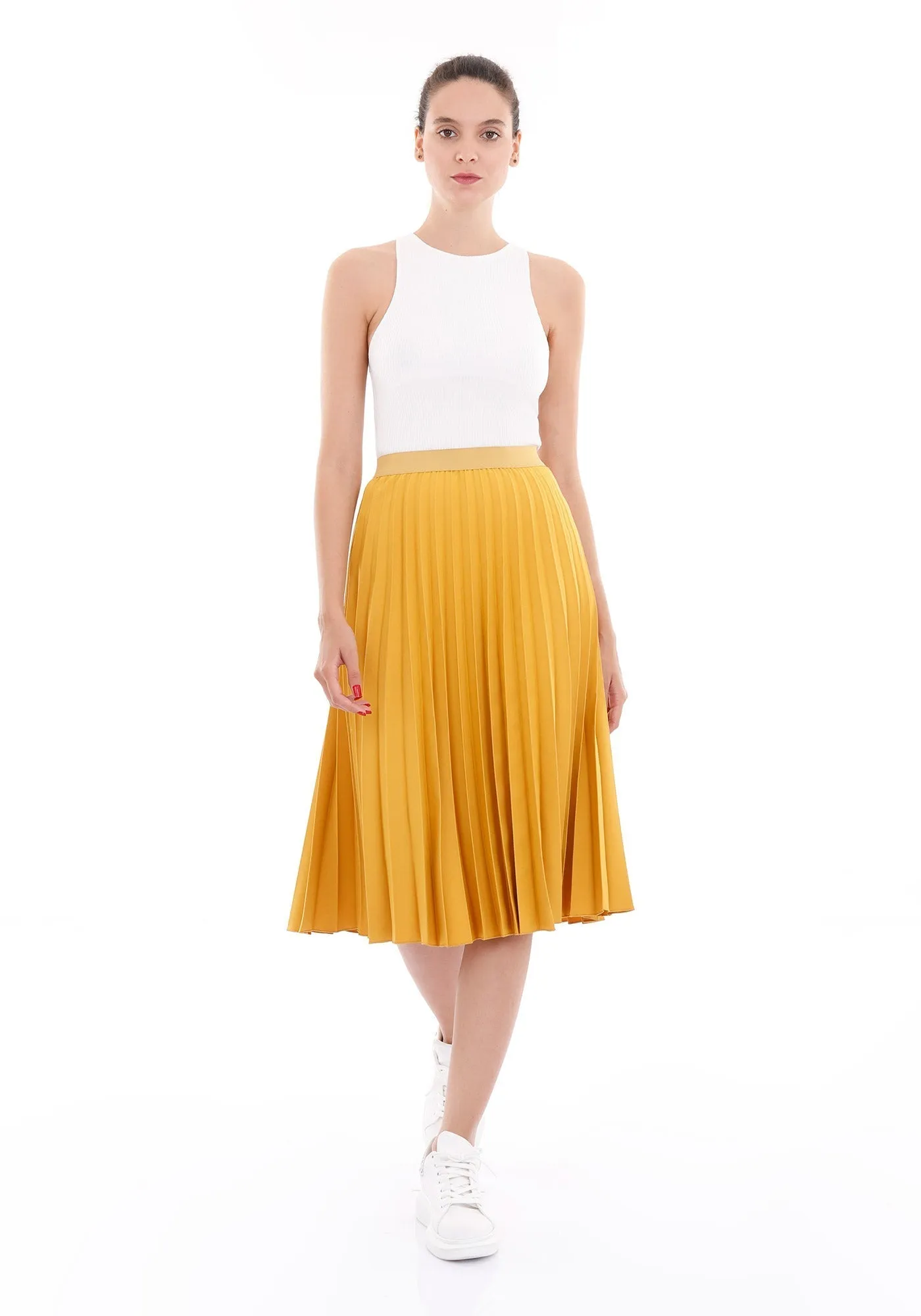 Elastic Waist Plisse Pleated Midi Skirt