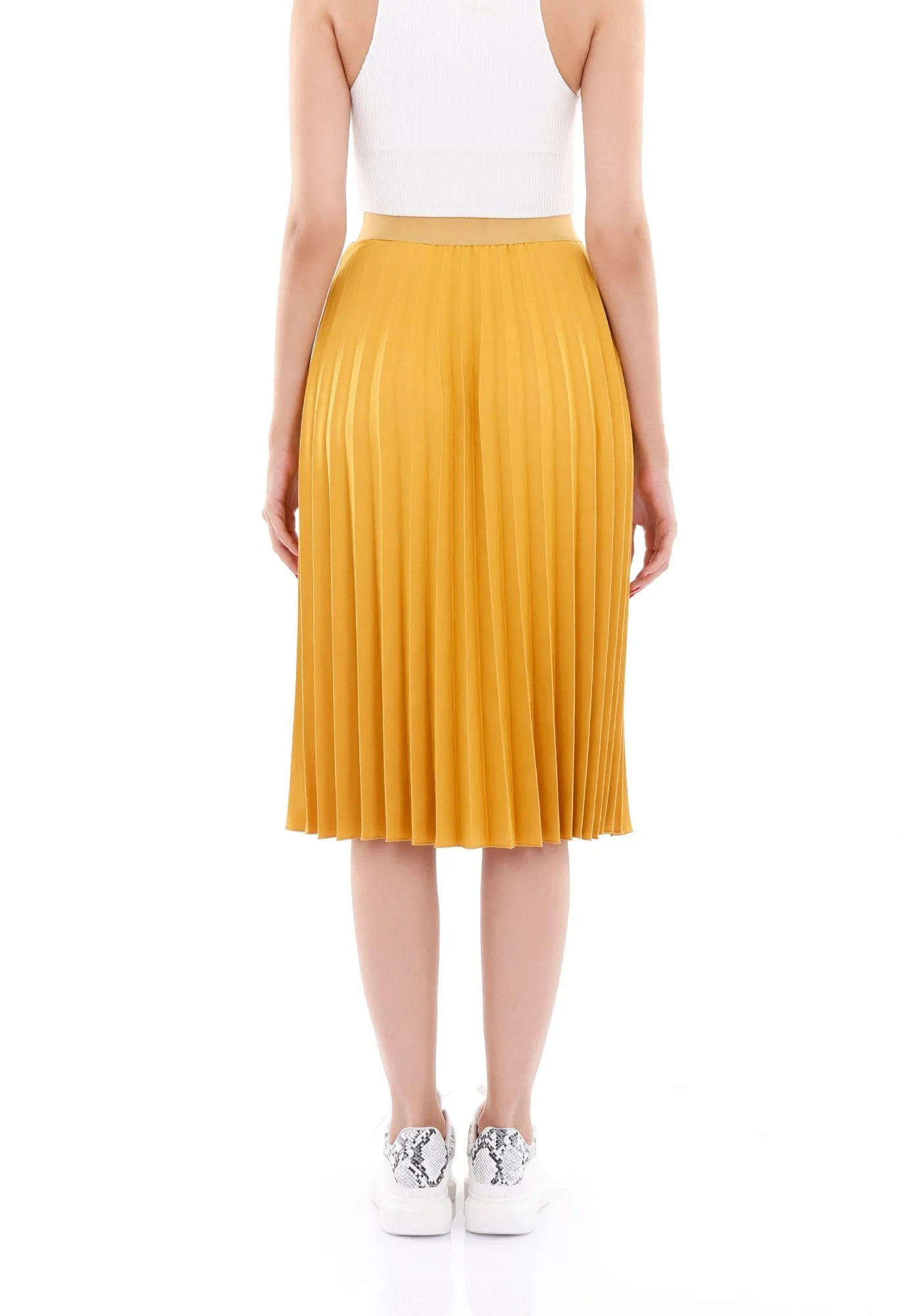 Elastic Waist Plisse Pleated Midi Skirt