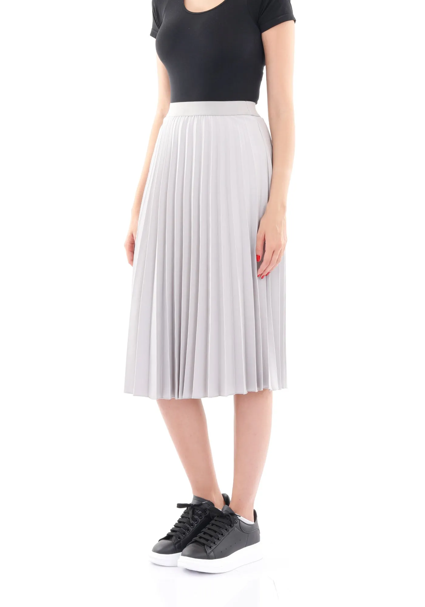 Elastic Waist Plisse Pleated Midi Skirt