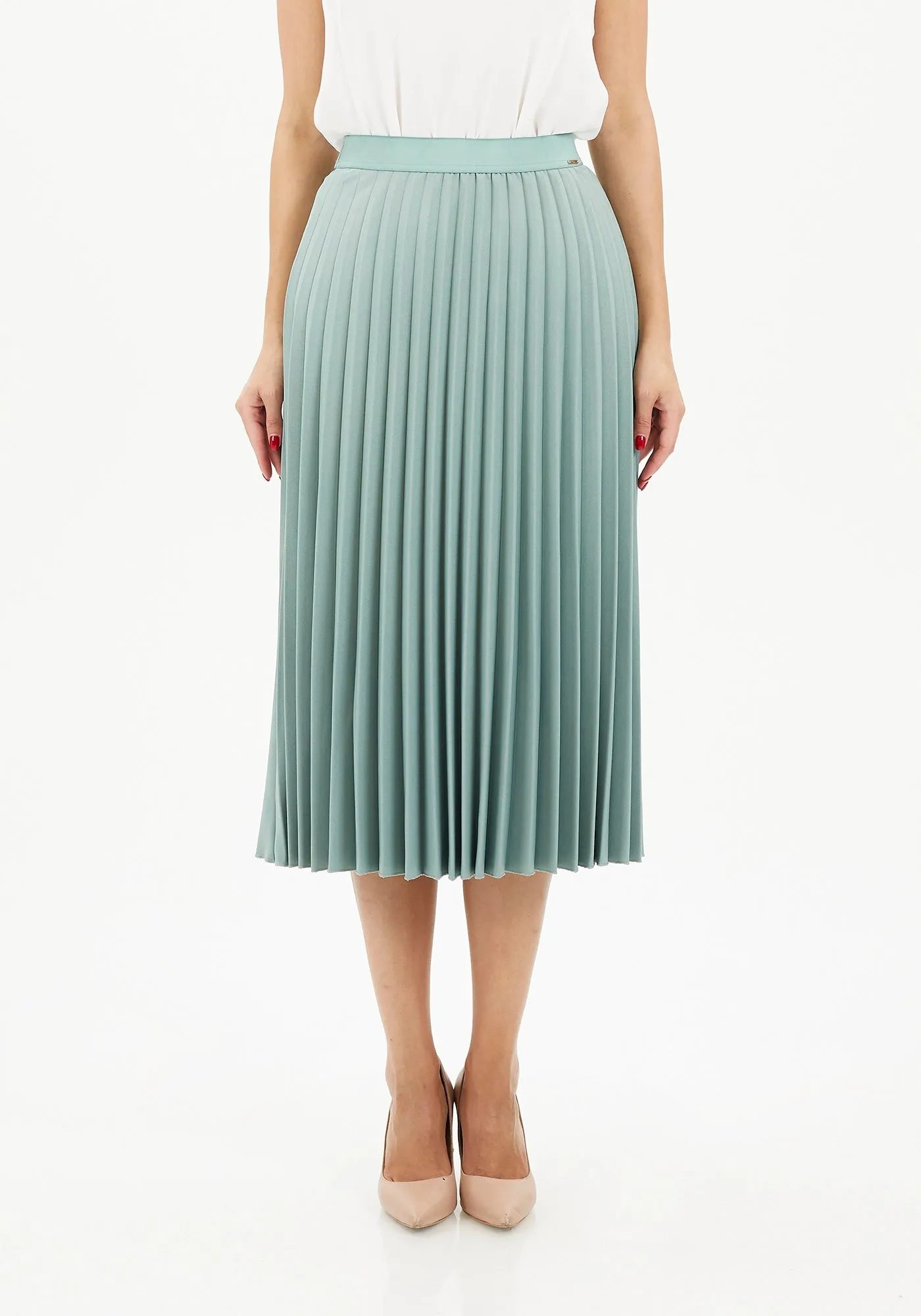 Elastic Waist Plisse Pleated Midi Skirt