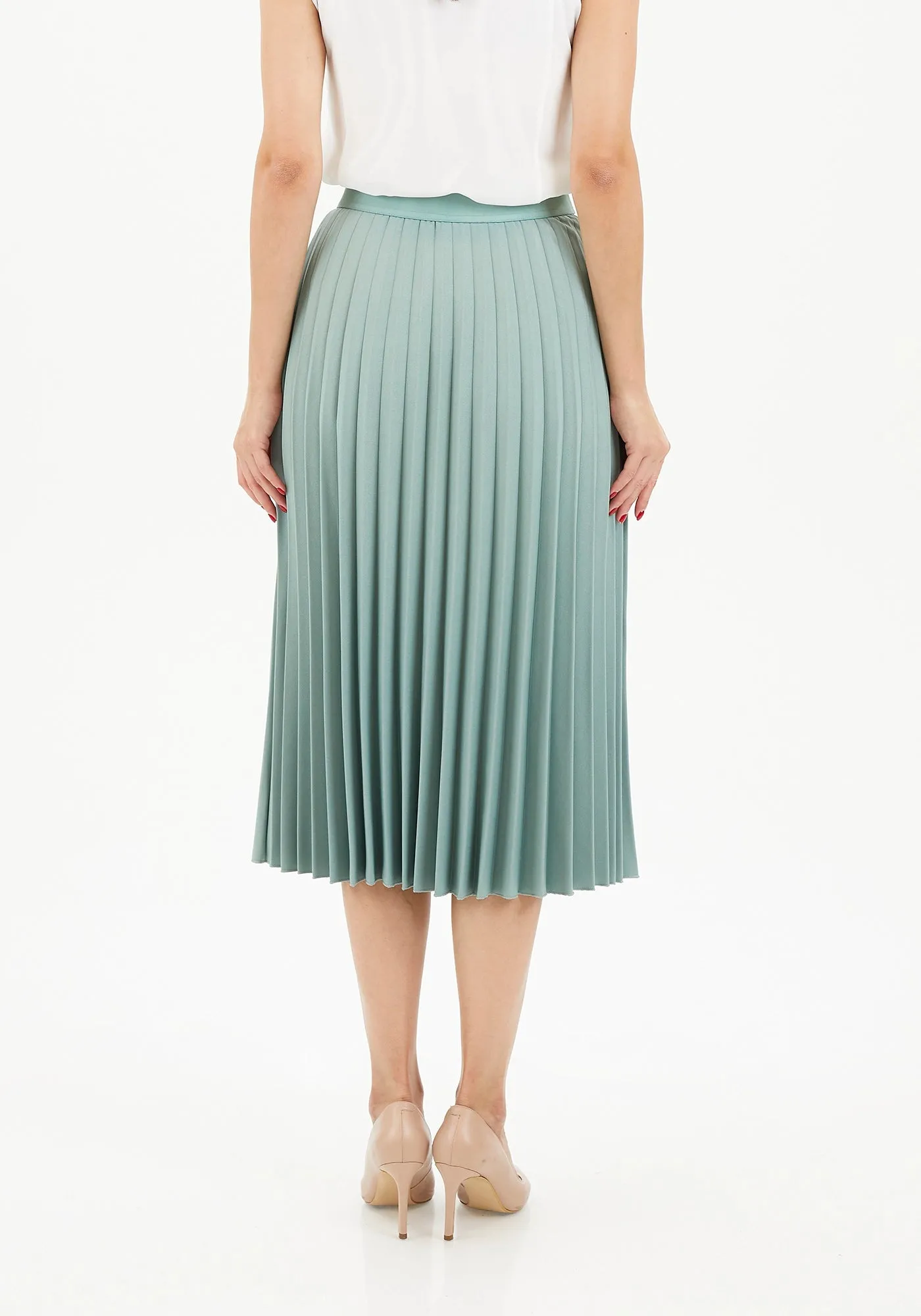 Elastic Waist Plisse Pleated Midi Skirt