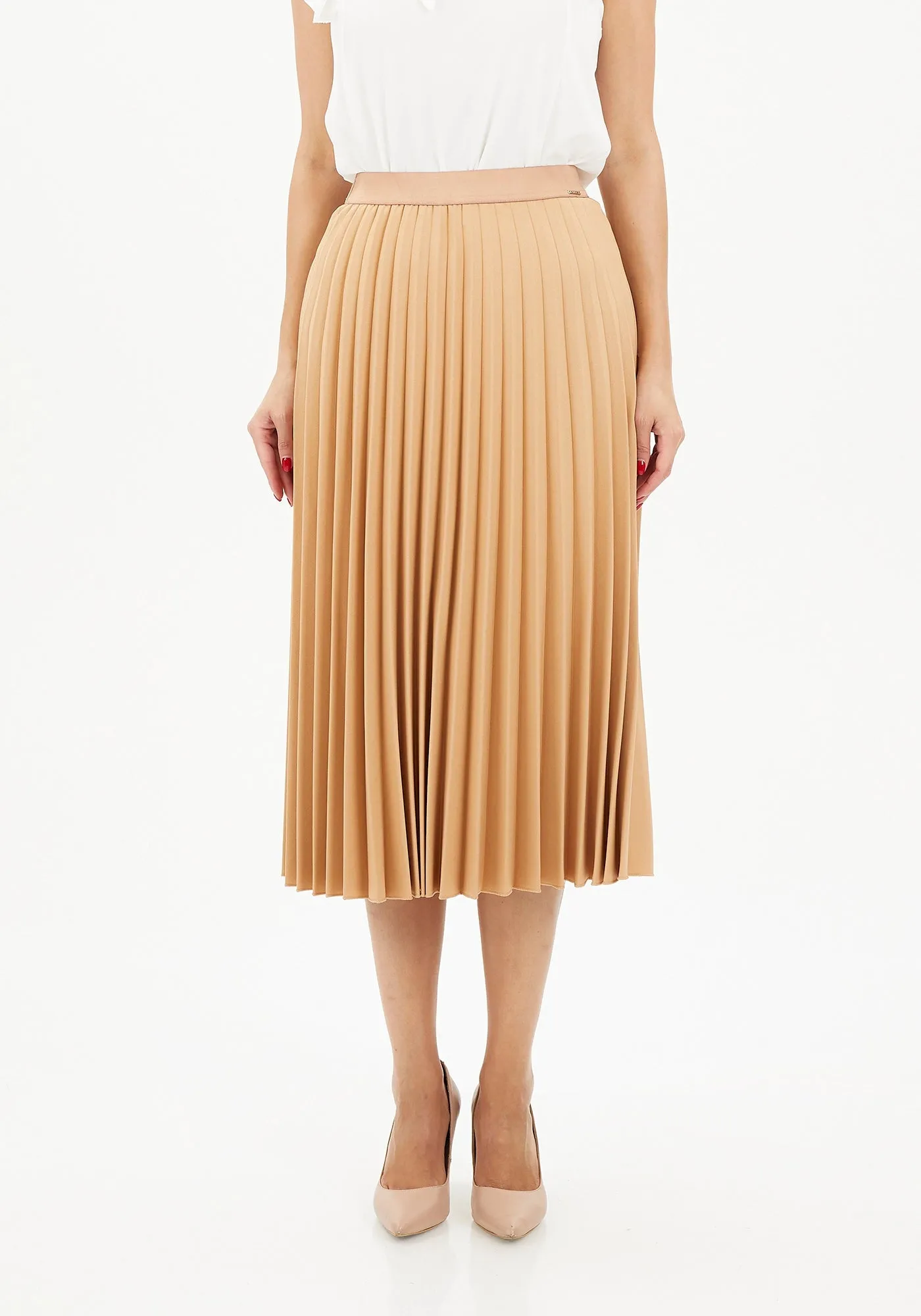 Elastic Waist Plisse Pleated Midi Skirt