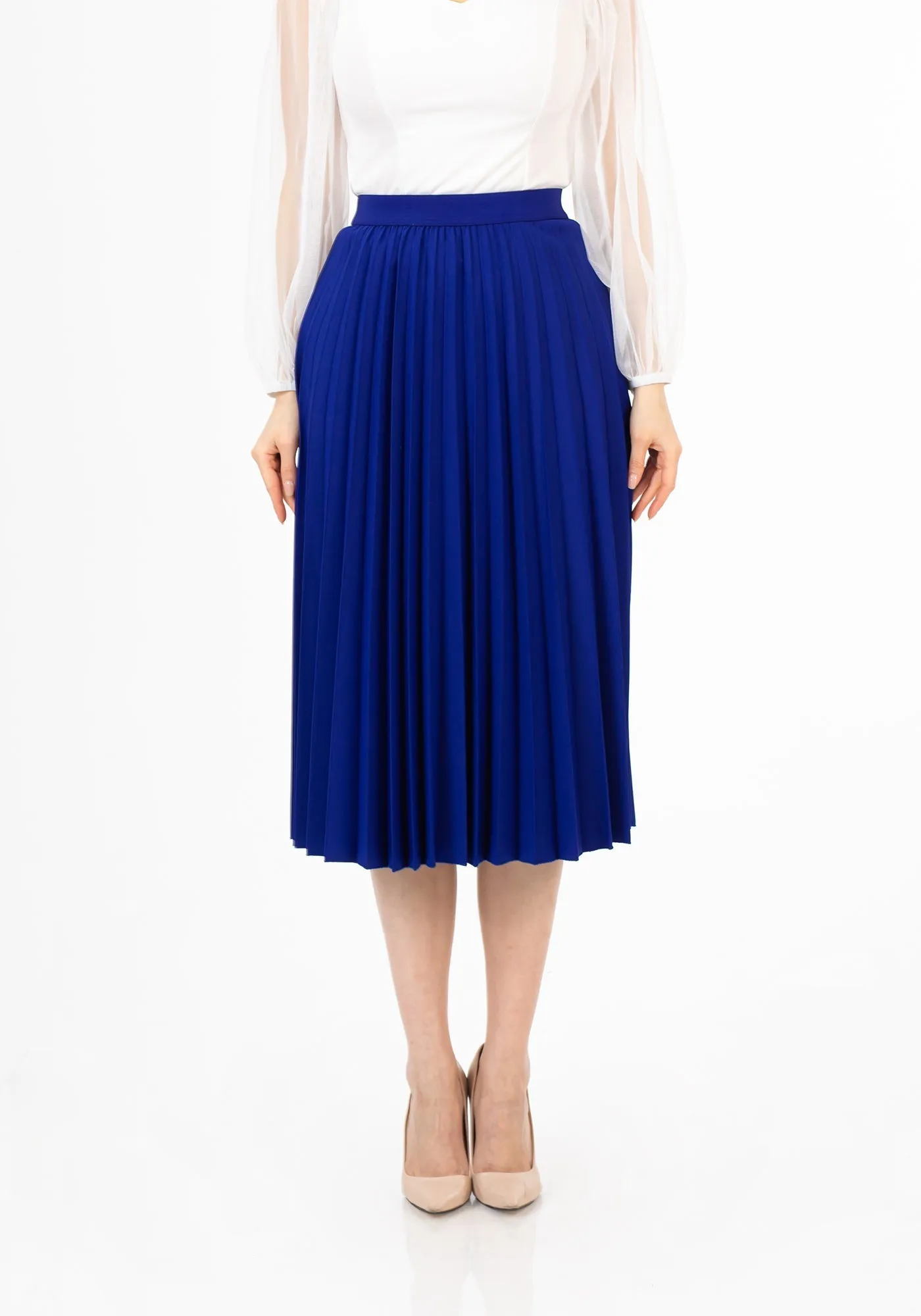 Elastic Waist Plisse Pleated Midi Skirt