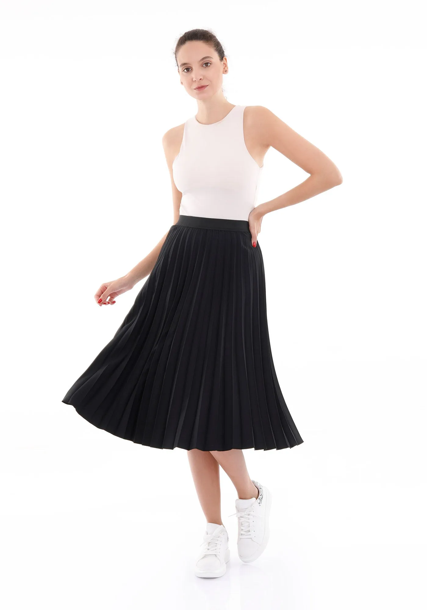 Elastic Waist Plisse Pleated Midi Skirt