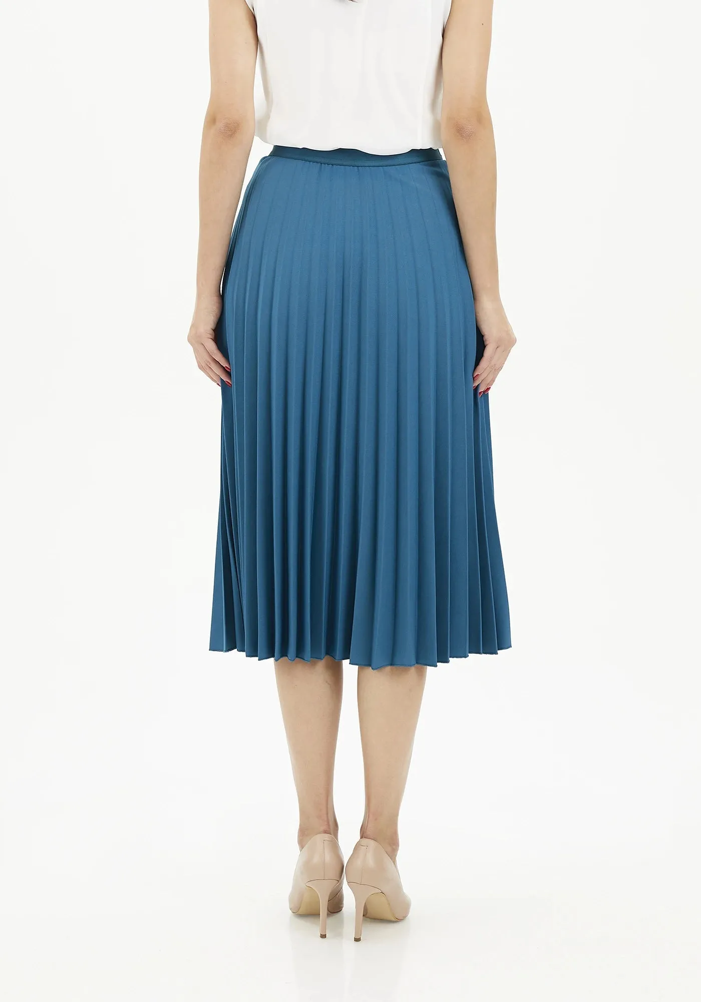 Elastic Waist Plisse Pleated Midi Skirt