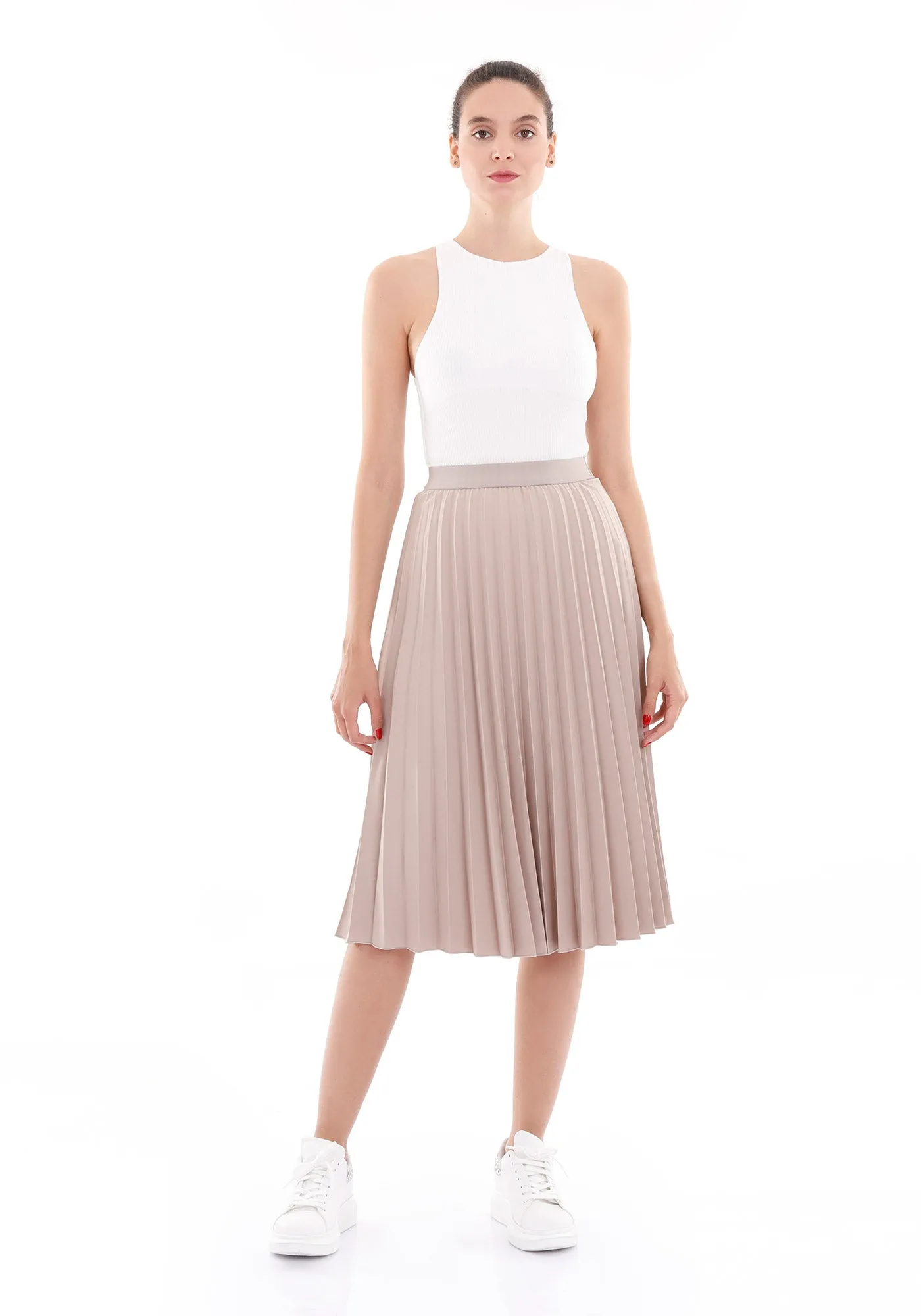 Elastic Waist Plisse Pleated Midi Skirt