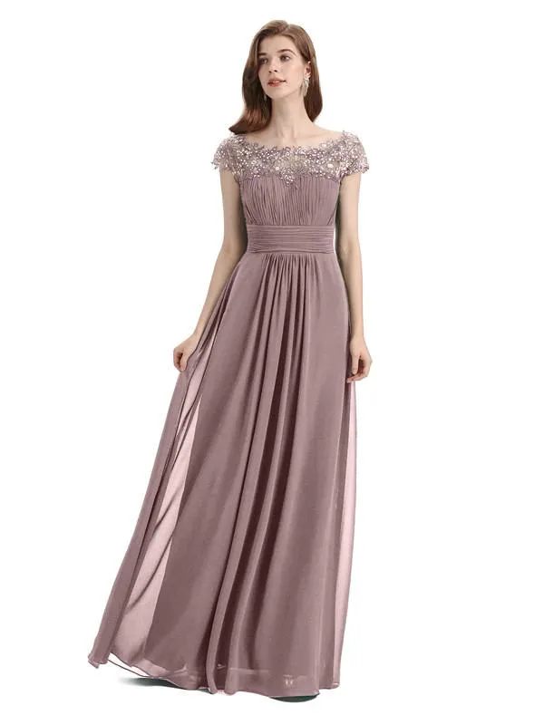 Elegant A-line Short Sleeve  Floor-Length Bridesmaid Dresses