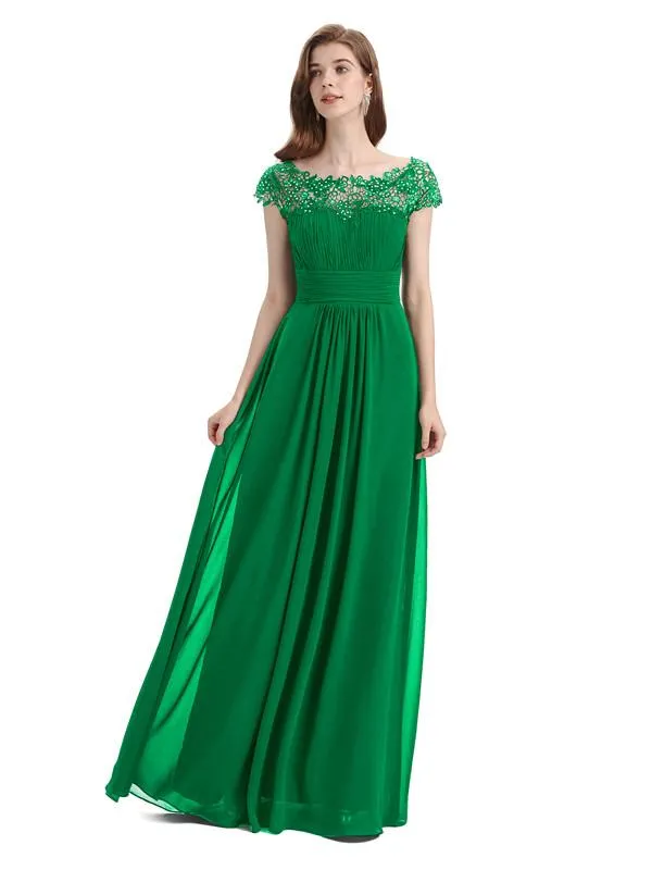 Elegant A-line Short Sleeve  Floor-Length Bridesmaid Dresses