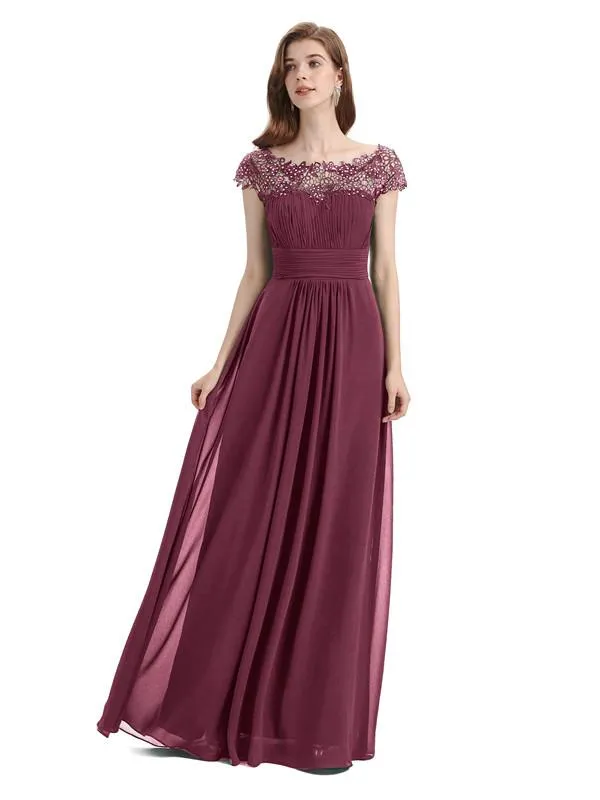 Elegant A-line Short Sleeve  Floor-Length Bridesmaid Dresses