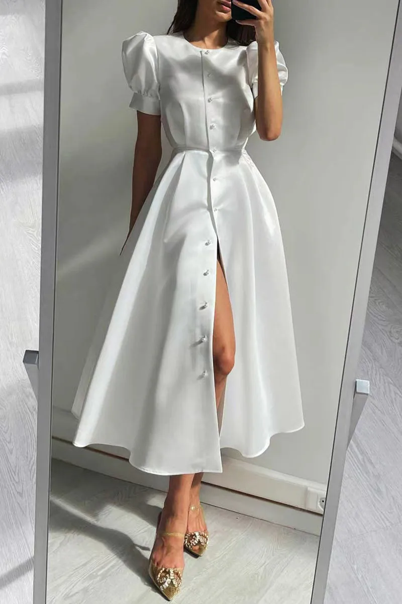 Elegant Solid Buckle O Neck A Line Short Sleeve Dress