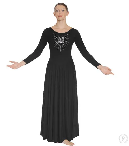 Eurotard 11030P Womens Plus Front Lined Long Sleeve Praise Dress with Rhinestone Radiant Cross