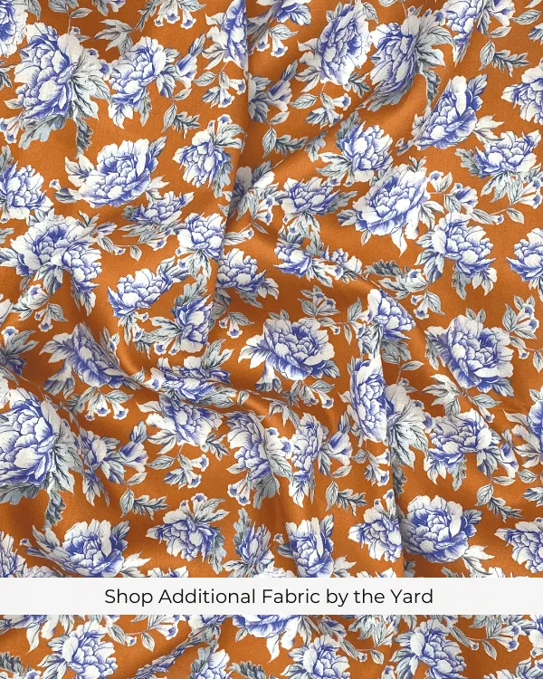 Fabric Shirred by the Yard  | Orange Blue Floral Cotton Sateen Fabric | 42"L