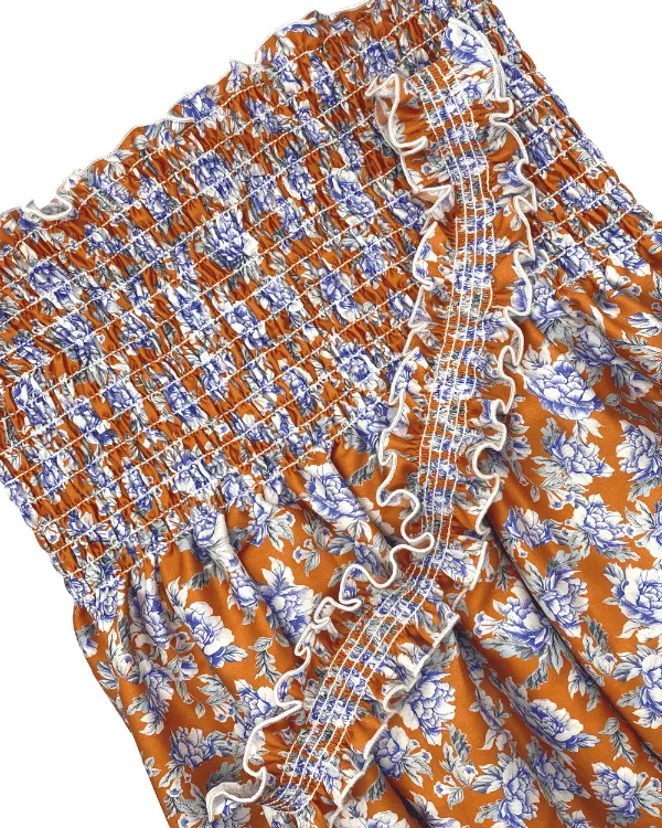 Fabric Shirred by the Yard  | Orange Blue Floral Cotton Sateen Fabric | 42"L