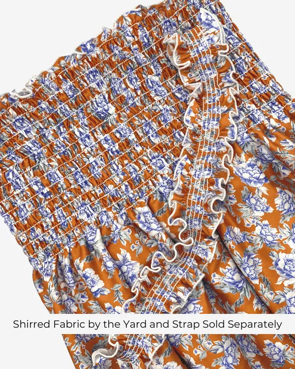 Fabric Shirred by the Yard  | Orange Blue Floral Cotton Sateen Fabric | 42"L