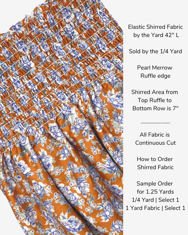 Fabric Shirred by the Yard  | Orange Blue Floral Cotton Sateen Fabric | 42"L