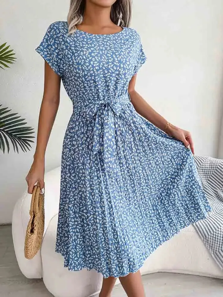 Floral Pleated A-Line Dress with Short Sleeves