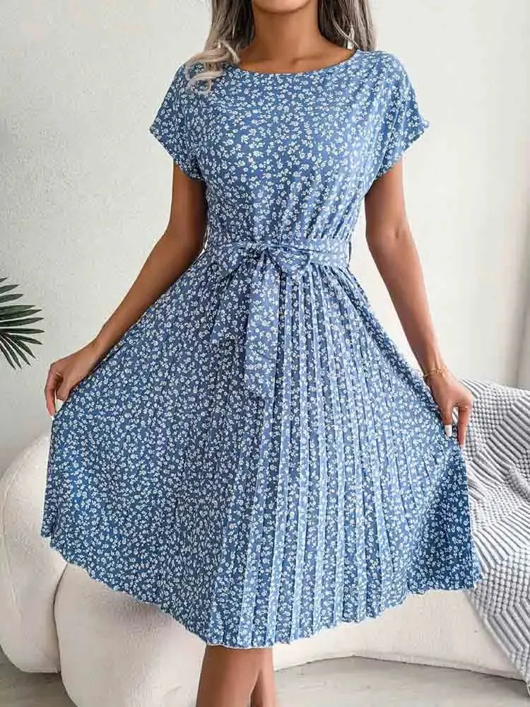 Floral Pleated A-Line Dress with Short Sleeves